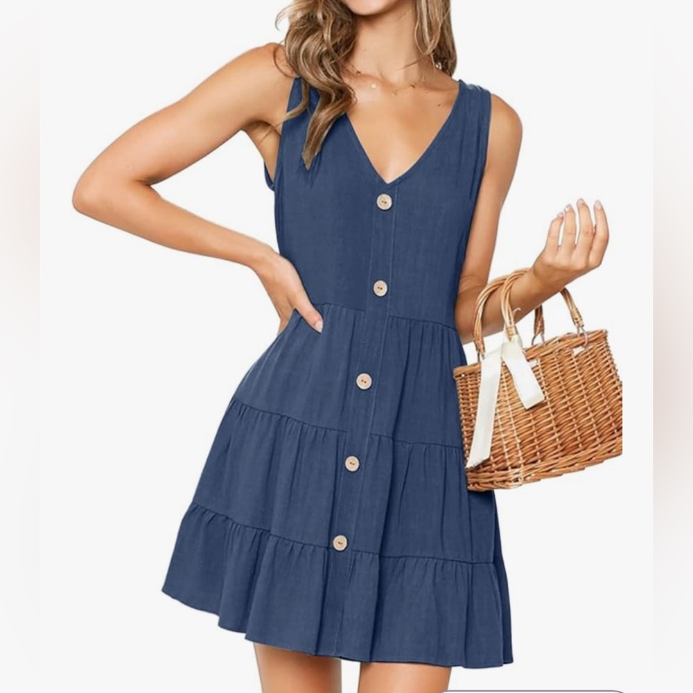 MITILLY Women's Sleeveless V Neck Button Down Loose Swing Short Dress w/ Pockets